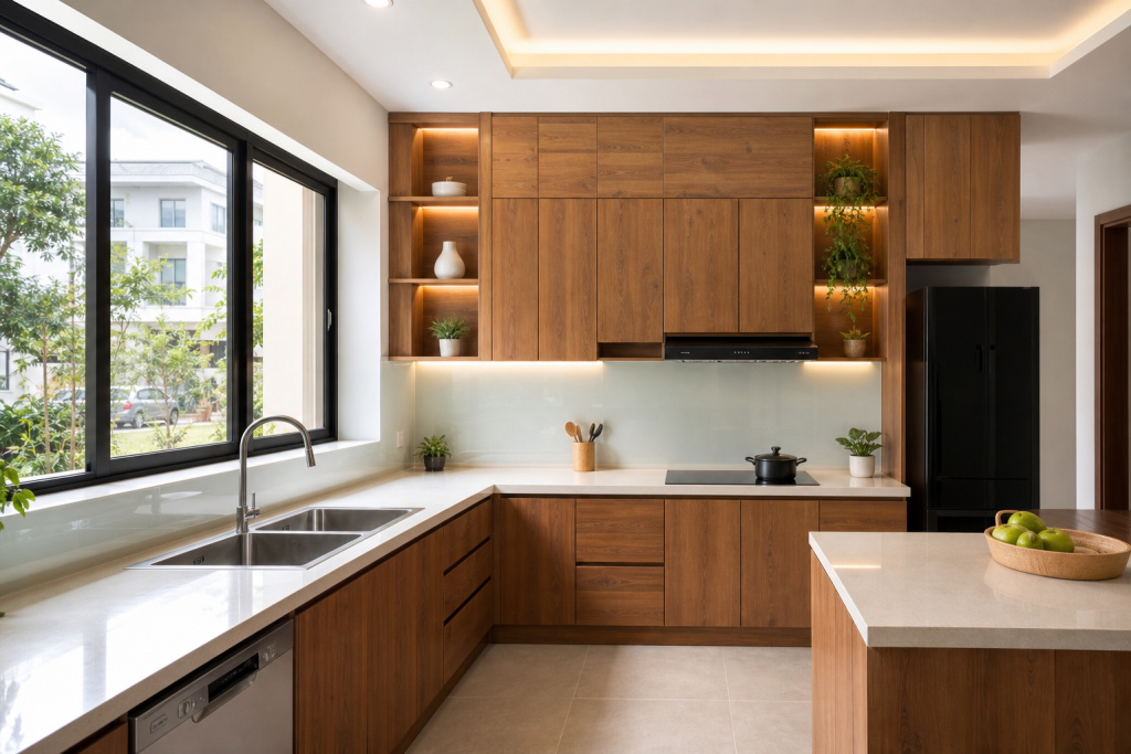 Thi công tủ bếp gỗ chất lượng tại Biên Hòa với không gian bếp hiện đại, gọn gàng và tiện nghi