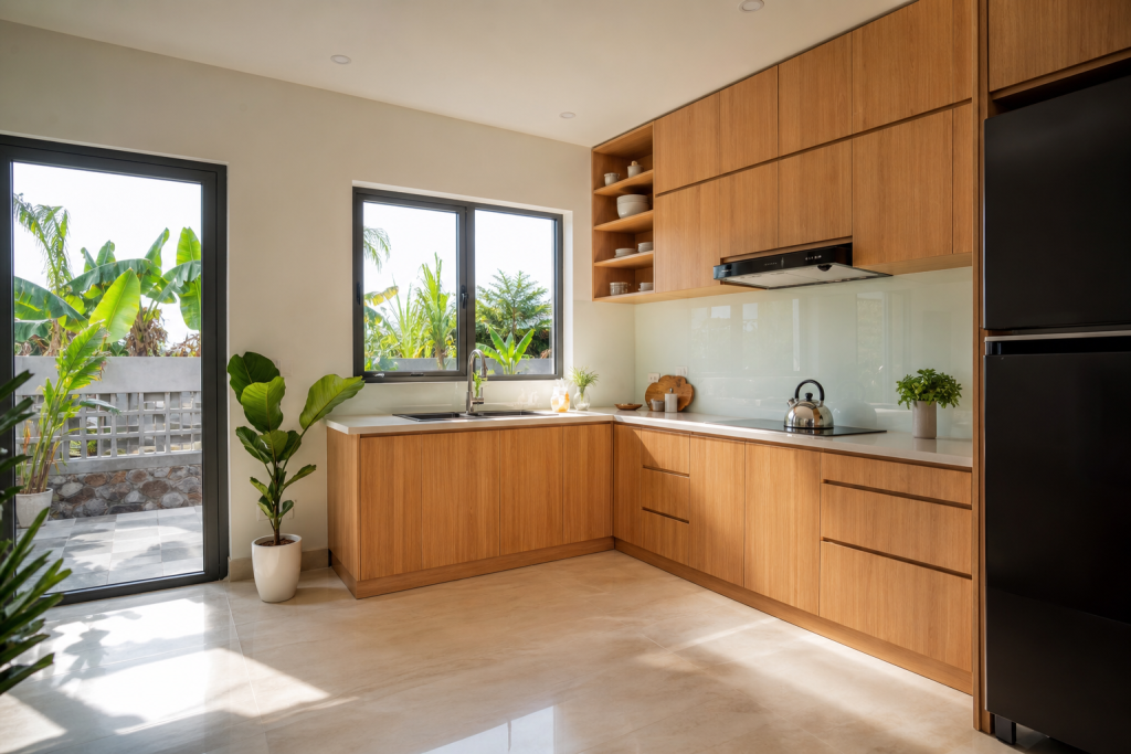 Tủ bếp gỗ thiết kế chữ L gọn gàng cho gia đình tại Biên Hòa Đồng Nai