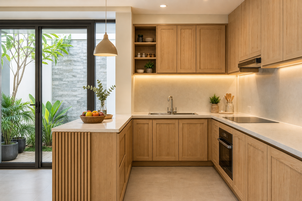 Tủ bếp gỗ sồi tại Biên Hòa với thiết kế chữ L hiện đại, màu gỗ tự nhiên và không gian bếp gọn gàng