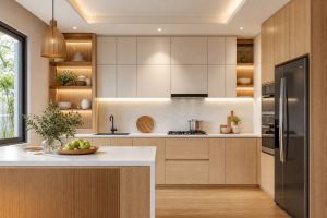 Tủ bếp gỗ công nghiệp hiện đại trong không gian bếp sạch sẽ, minh họa cách chọn loại gỗ công nghiệp để làm tủ bếp