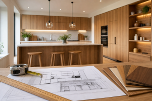 Nhà thầu thiết kế nội thất gỗ đang tư vấn và đo đạc tủ bếp gỗ trong không gian bếp hiện đại