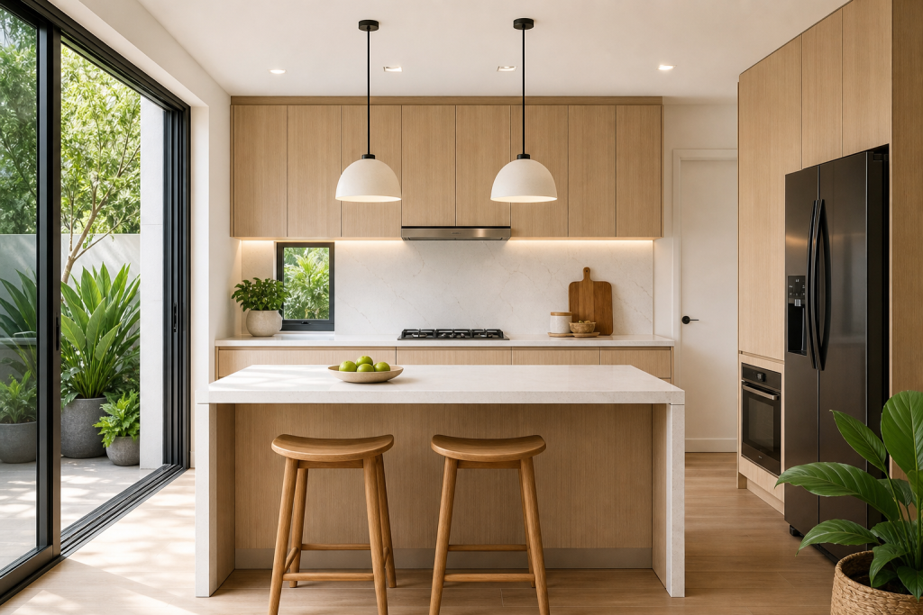 Tủ bếp gỗ công nghiệp hiện đại với thiết kế gọn gàng, đẹp và tiện dụng trong không gian bếp