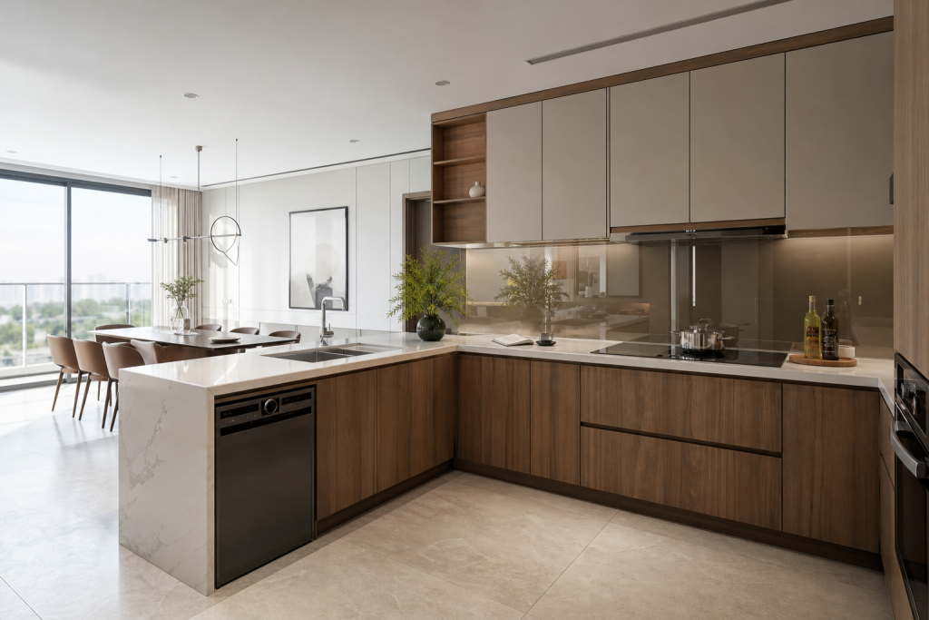 Tủ bếp gỗ An Cường thi công cho chung cư cao cấp với thiết kế hiện đại và sang trọng