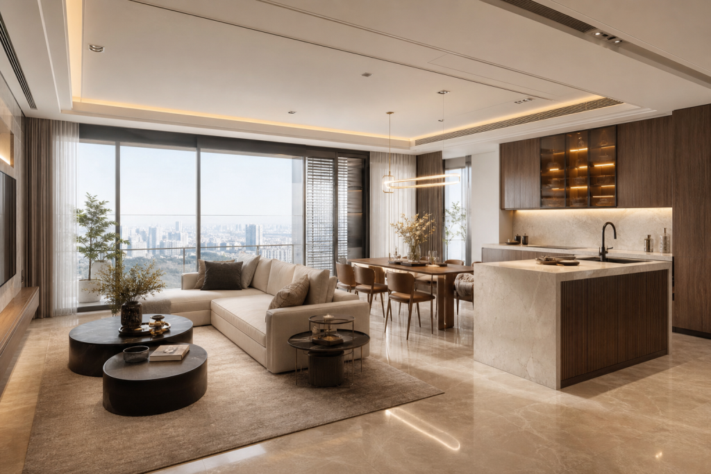 Không gian thiết kế và thi công nội thất cho chung cư cao cấp với phòng khách và bếp hiện đại, sang trọng